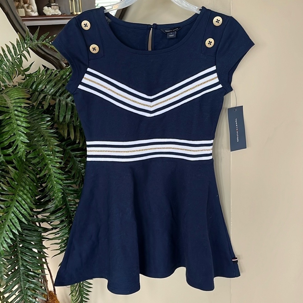 Brand New Tommy Hilfiger Navy Blue White Stripes Nautical Short Sleeve Dress